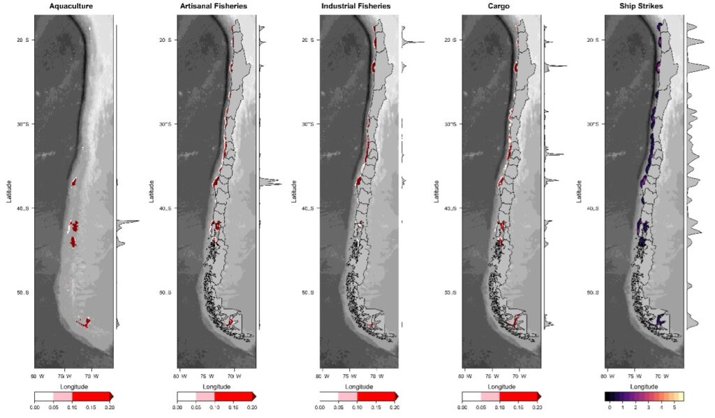 Coocurrencia espacial entre embarcaciones y varamientos calculada como función de la densidad de embarcaciones (número promedio de embarcaciones únicas por celda de cuadrícula de 7x7 km) y el número de varamientos a lo largo de la costa de Chile por tipo de industria