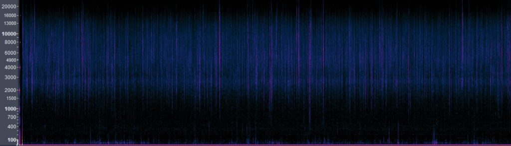 Esta es una imagen de ejemplo que muestra la visualización de un paisaje sonoro a 33 metros de profundidad (zona superior de arrecife mesofóticos), representado mediante un espectrograma. Esta firma acústica (es decir, la representación visual de un sonido en el espectrograma) es una de las más comunes en paisajes sonoros de arrecifes. Créditos: NUTME.