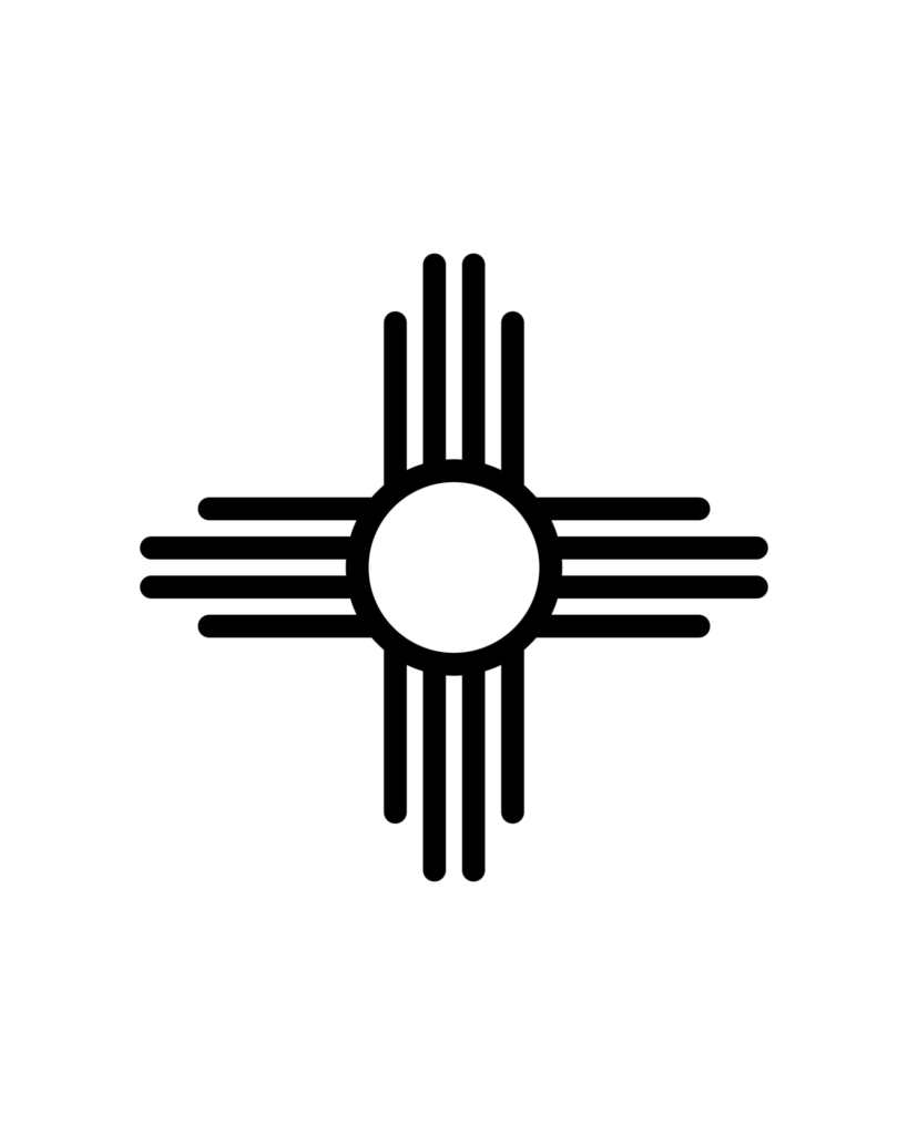 El símbolo del sol de los Zia (Zia Sun Symbol). Fue apropiado por el Estado de Nuevo México para su bandera, lo que dio lugar a una larga disputa con la comunidad Zia que habita en su territorio. Imagen recuperada de https://www.thedancingrabbitgallery.com/2021/08/01/the-zia-sun-symbol/