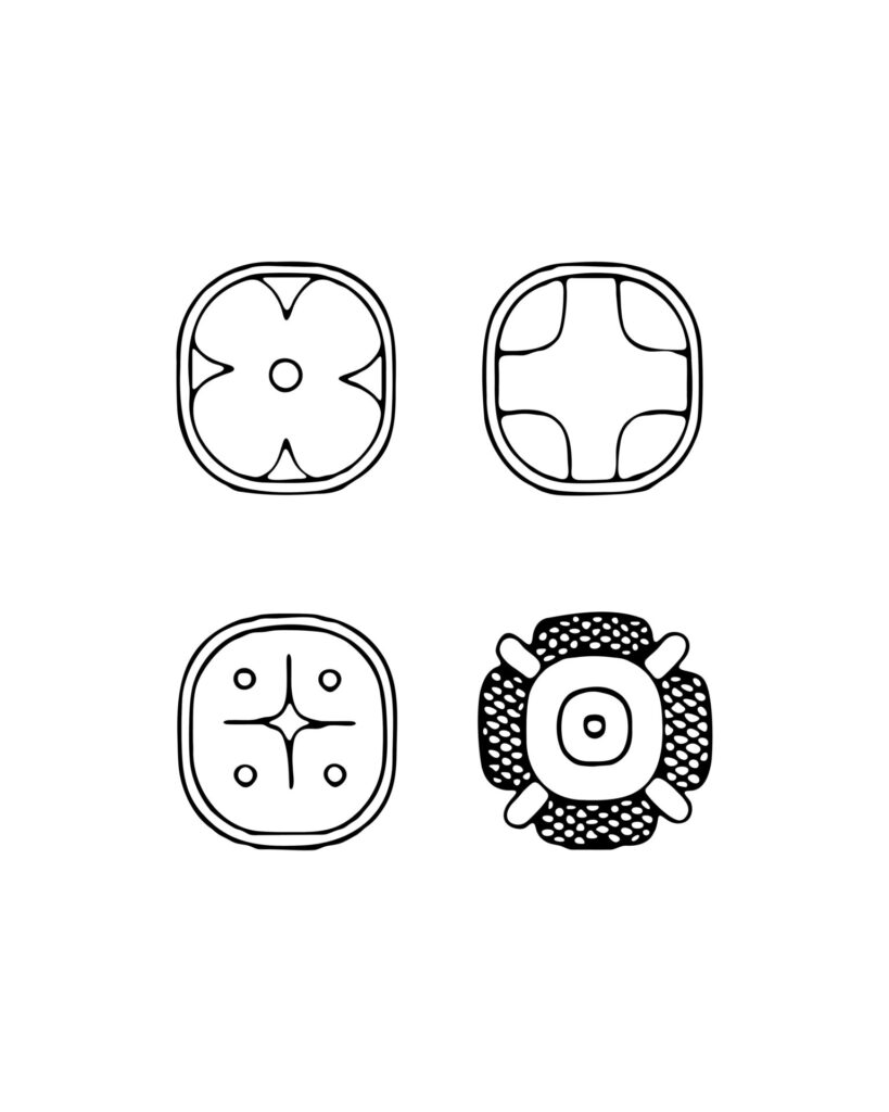 Símbolos mayas cuatripartitos con un punto central que intermedia entre las cuatro partes que lo rodean. Imagen recuperada de Mathews y Garber 2004 p. 50