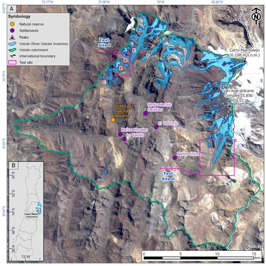 El área de estudio corresponde al valle del río Volcán, ubicado en el Cajón del Maipo, Región Metropolitana. Créditos: Universidad de Chile