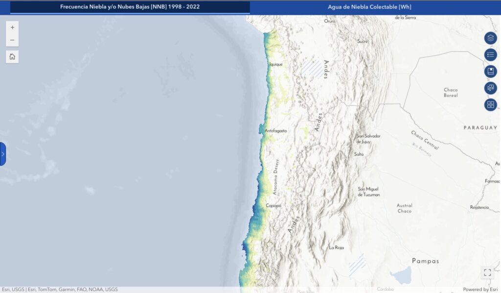 Captura de pantalla de la plataforma "Mapa Agua Niebla". Créditos: Centro UC Atacama y Centro UC Derecho y Gestión de Agua