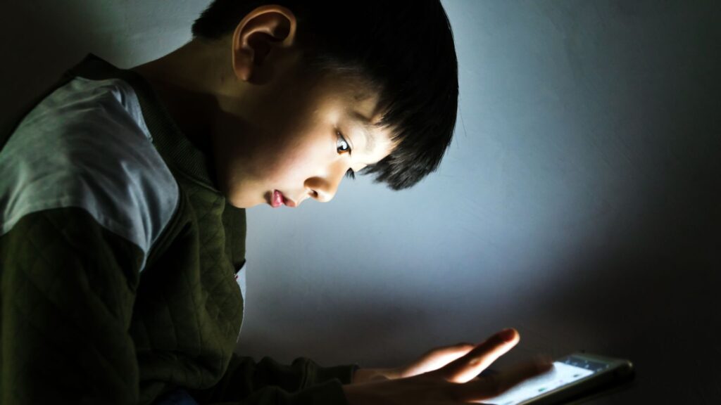 Niño usando un celular inteligente en la noche. Créditos: Fzant.
