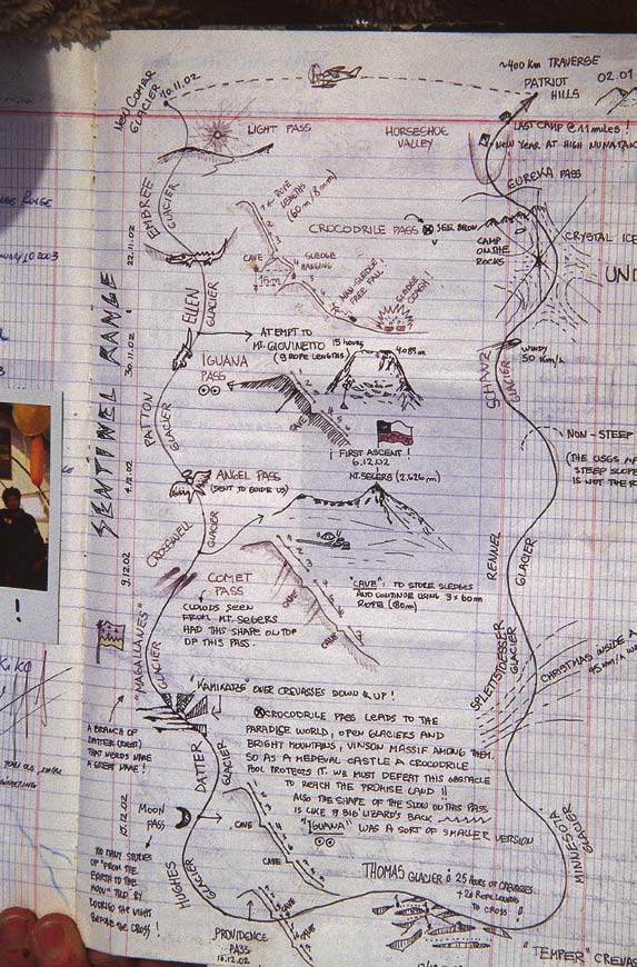 Ruta dibujada por Pablo. Quedó registrada en el libro de historia de Patriot Hills.