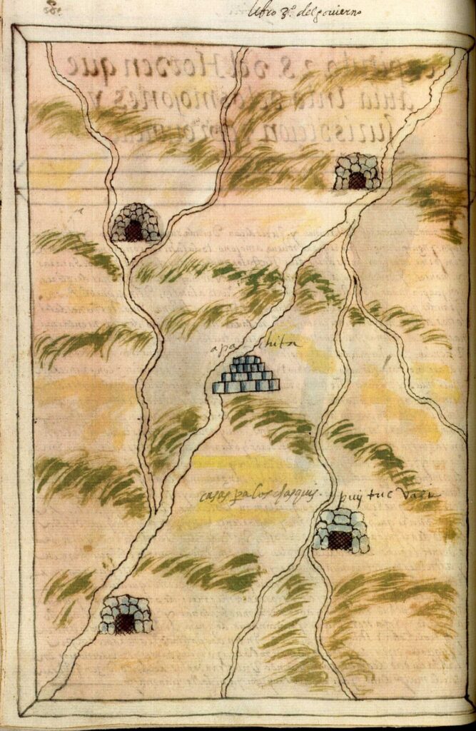 Orden que tenían los Incas en el camino. Al centro: apacheta o amojonamiento de piedras. Alrededor de la apacheta: tambos o casas de los chasquis o mensajeros. Créditos: Martín de Murúa. Historia del origen y genealogía real de los reyes Incas del Perú.1580-1600. Colección de Sean Galvin.