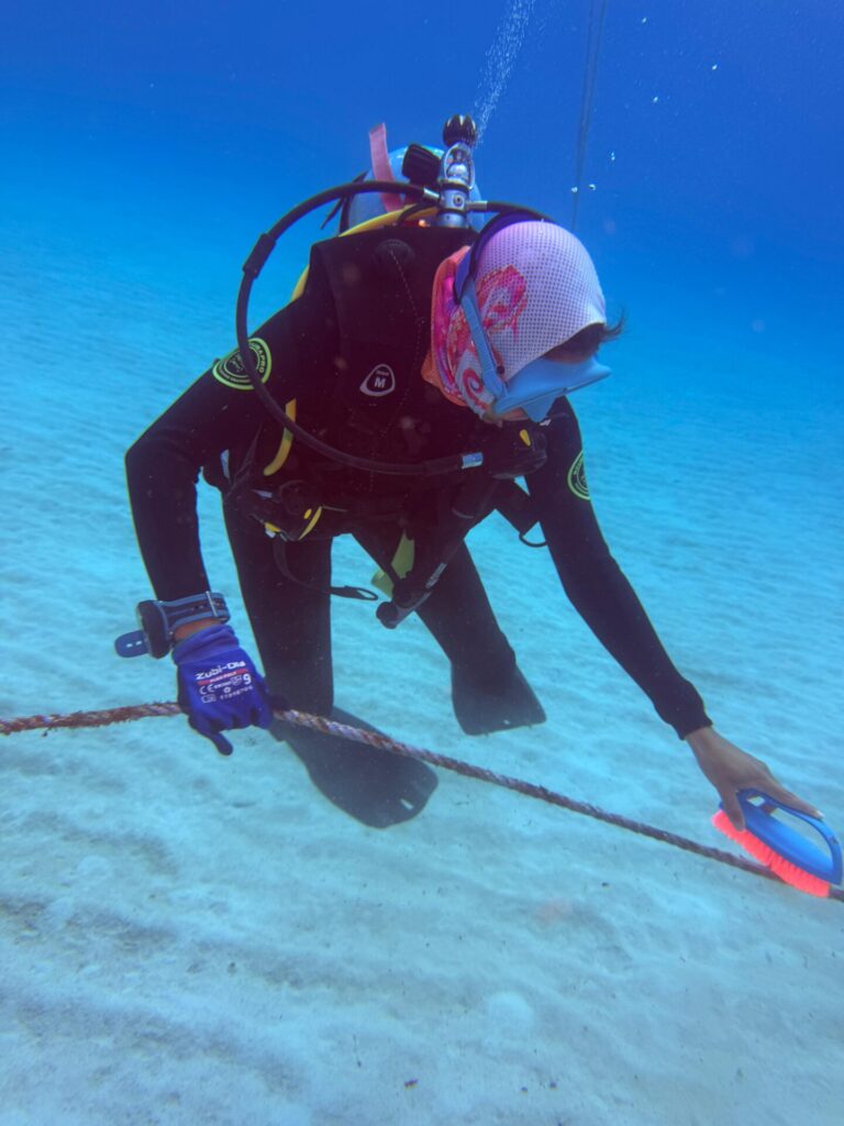 Blue Indigo realiza limpiezas periódicas en las guarderías para retirar algas y organismos que pueden afectar el crecimiento de los corales. Foto: cortesía Majanna Powell.
