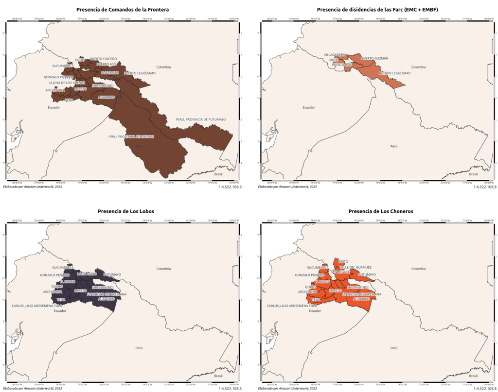 Presencia de actores armados en la triple frontera de Colombia, Ecuador y Perú. Imagen: Amazon Underworld