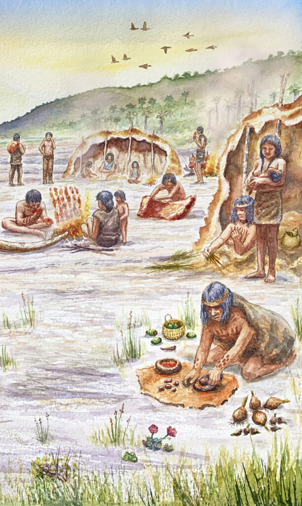 Reconstrucción de cómo debió haber sido Tagua Tagua III, hace 12.500 años antes del presente. Créditos: Mauricio Álvarez (@mauricio_alvarez_art).