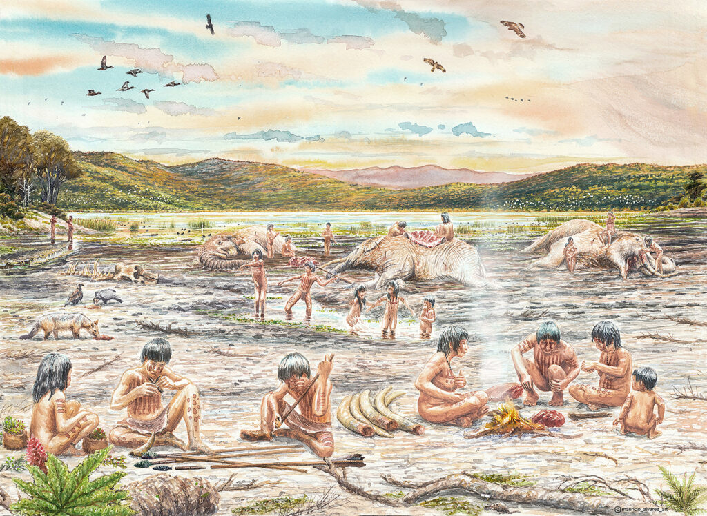 Reconstrucción de cómo debió haber sido Tagua Tagua III, hace 12.500 años antes del presente. Créditos: Mauricio Álvarez (@mauricio_alvarez_art).