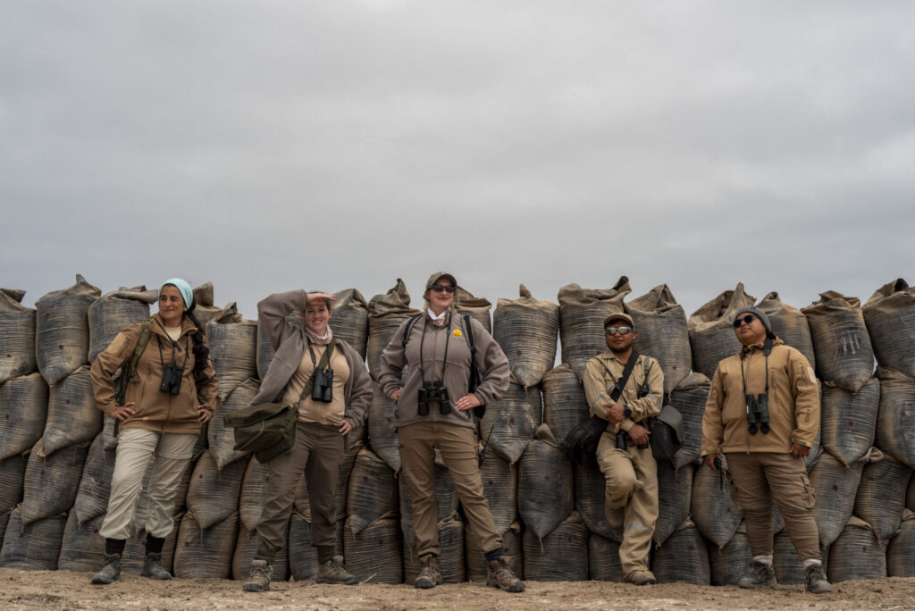 Miembros de la Patrulla Pingüino : Susana Cárdenas Alayza,
Directora del Programa Punta San Juan, Stephanie
Boyer y Hannah Thompson, voluntarias del Sedgwick
County Zoo, EEUU; Brayhan Caceres, Coordinador de Campo Asistente , y Leticia Escobar, Coordinadora de Voluntarios de la Campaña de Guano, basados en Punta San Juan