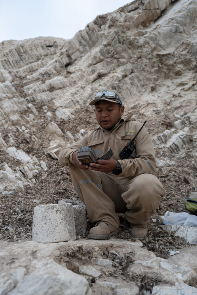 Brayhan Cáceres coloca una cámara trampa a lo largo de una ruta de alimentación. Con esta información podrá determinar la hora y cantidad de pingüinos que usan esta ruta.