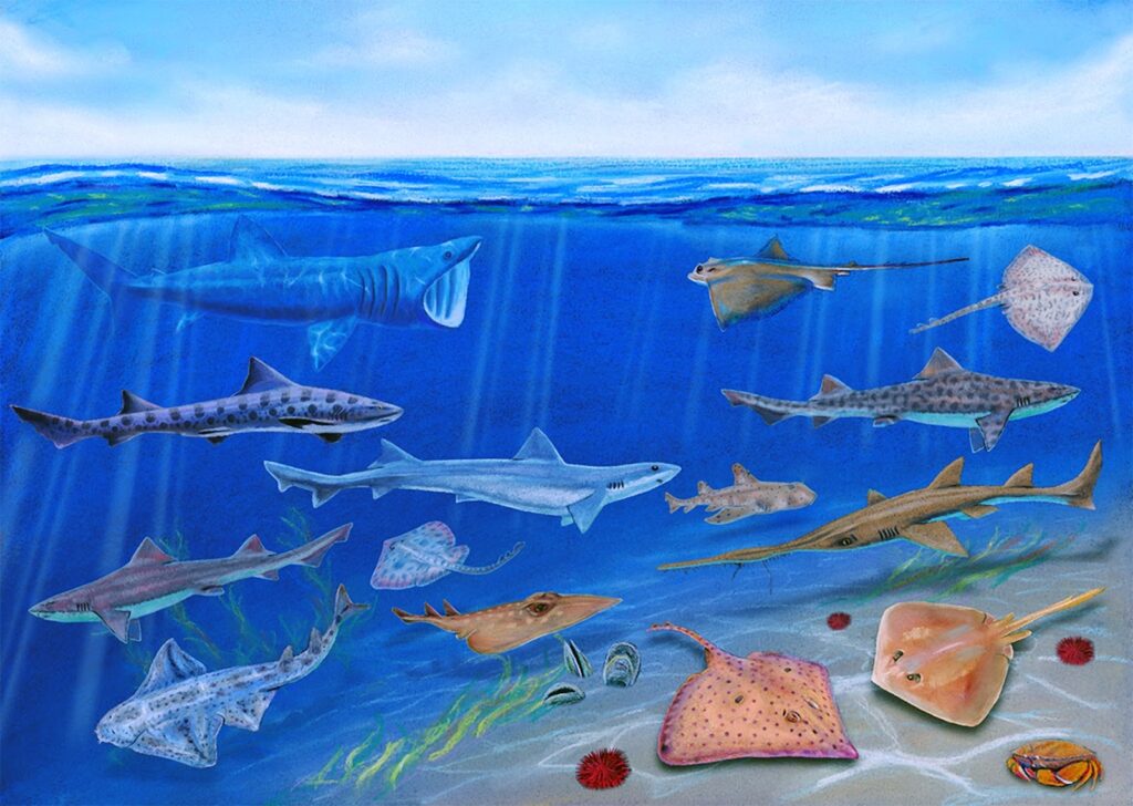 Reconstrucción de la diversidad de peces cartilaginosos encontrados en la localidad Econssa en Caldera. De izquierda a derecha, de arriba hacia abajo: tiburón peregrino (Cetorhinus maximus), raya águila (Myliobatidae indet.), raya (Raja sp.), tiburón leopardo (Triakis semifasciata), cazón (Galeorhinus galeus), tiburon cornudo (Heterodontus sp.), tollo indeterminado (Triakidae indet.), tiburón Pochita (Pochitaserra patriciacanalae), tollo (Mustelus sp.), raya costera (Sympterygia sp.), pez guitarra (Rhinobatos sp.), angelote (Squatina sp.), raya volantín (Dipturus sp.) y pastinaca de Manuel Campos (Dasyatis manuelcamposi). Créditos: Mauricio Alvarez