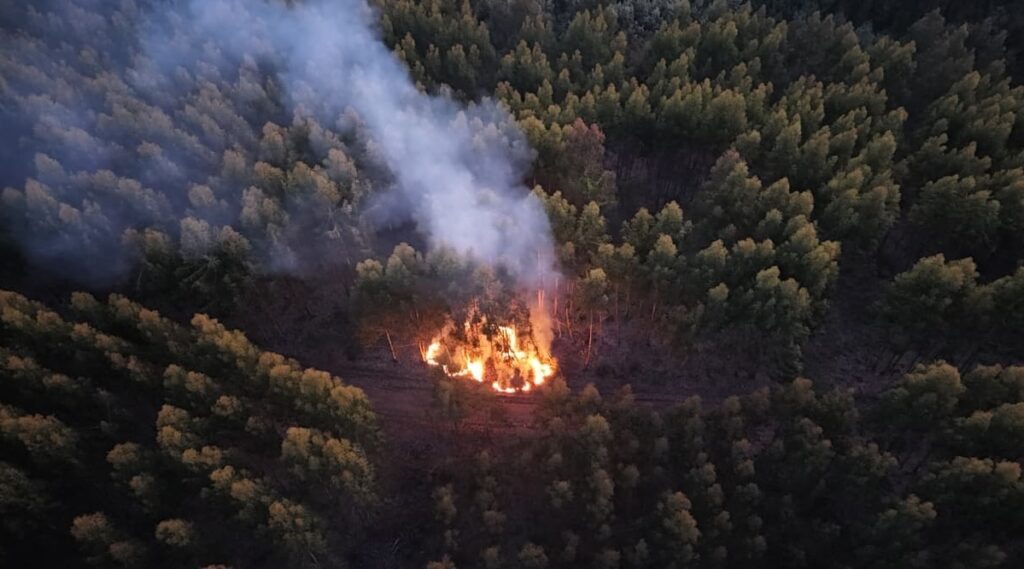 Vista aérea de uno de los focos de incendio en Penco