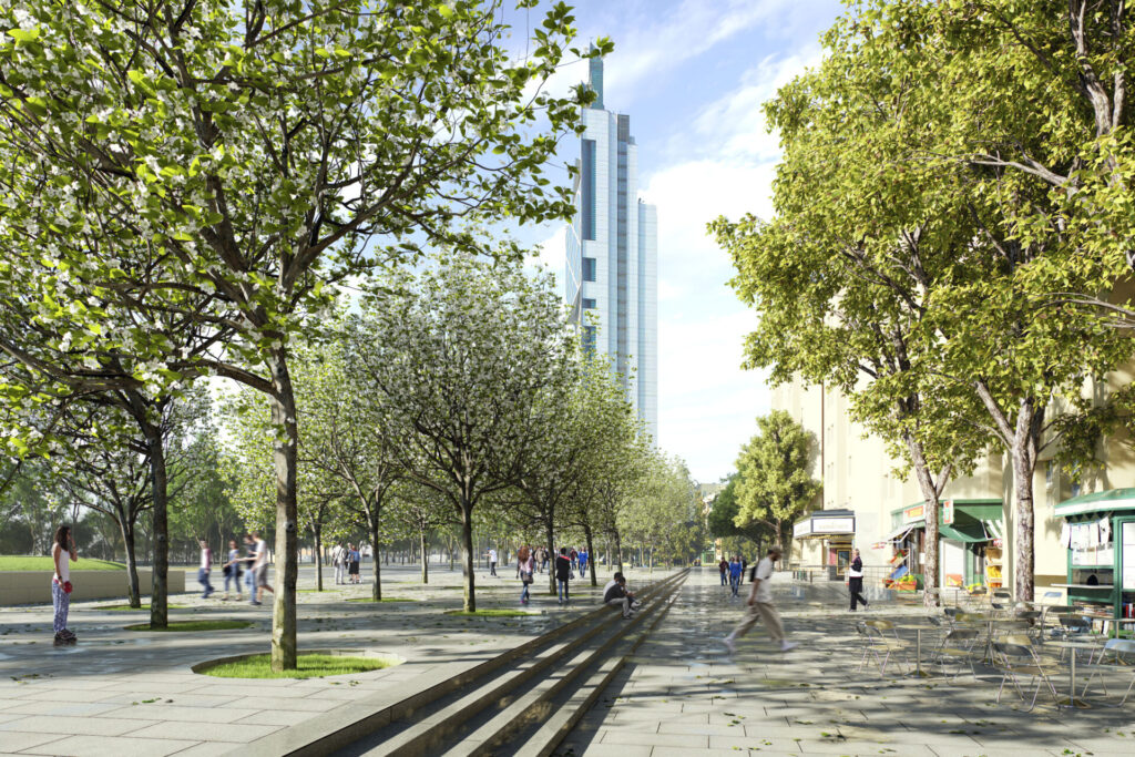 Render del proyecto, así se vería cuando los árboles estén más grandes. Créditos (CC.BY): Lyon Bosch + Martic, oficina de arquitectos a cargo del diseño.