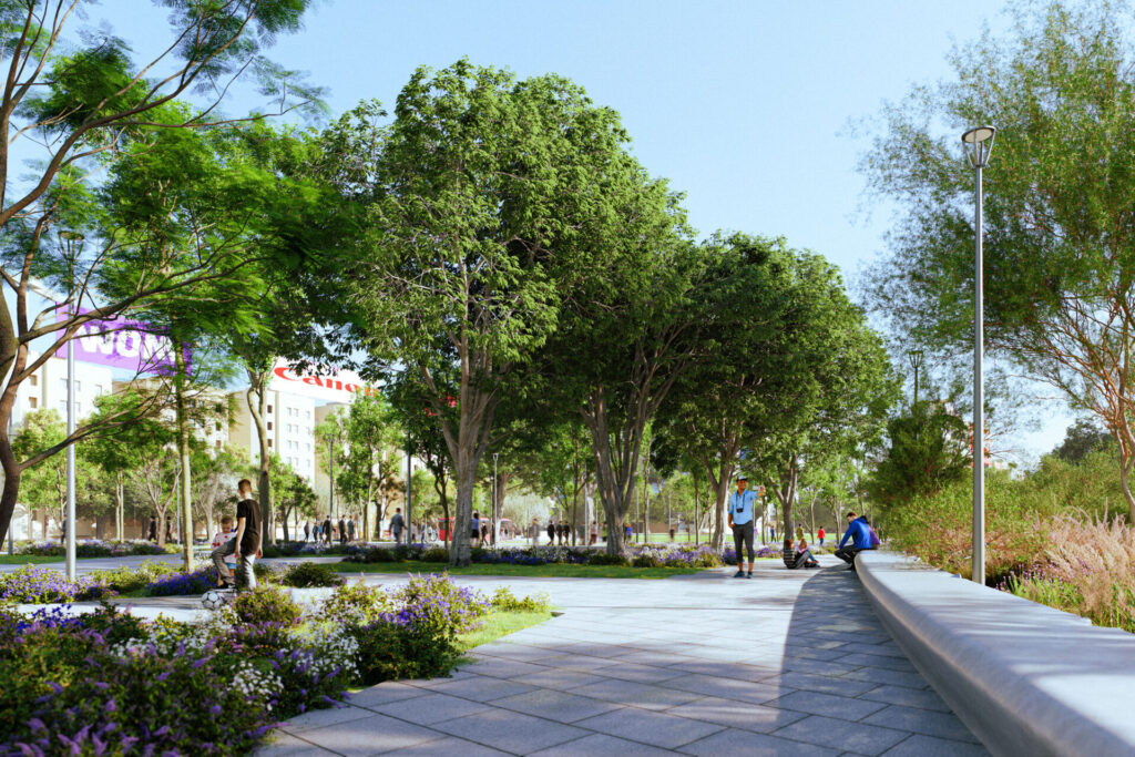 Render del proyecto, así se vería cuando los árboles estén más grandes. Créditos (CC.BY): Lyon Bosch + Martic, oficina de arquitectos a cargo del diseño.