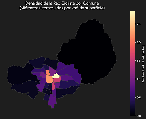 Densidad de cilcovias por comuna 2025. Créditos: Corporación Pedaleable