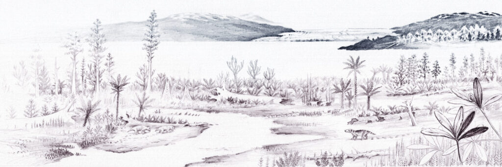 Antártica en el Pérmico. Ilustraciones para el libro “Antártica, una mirada desde Chile” del Banco Santander y Museo Chileno de Arte Precolombino, realizado por Virtuallibros.