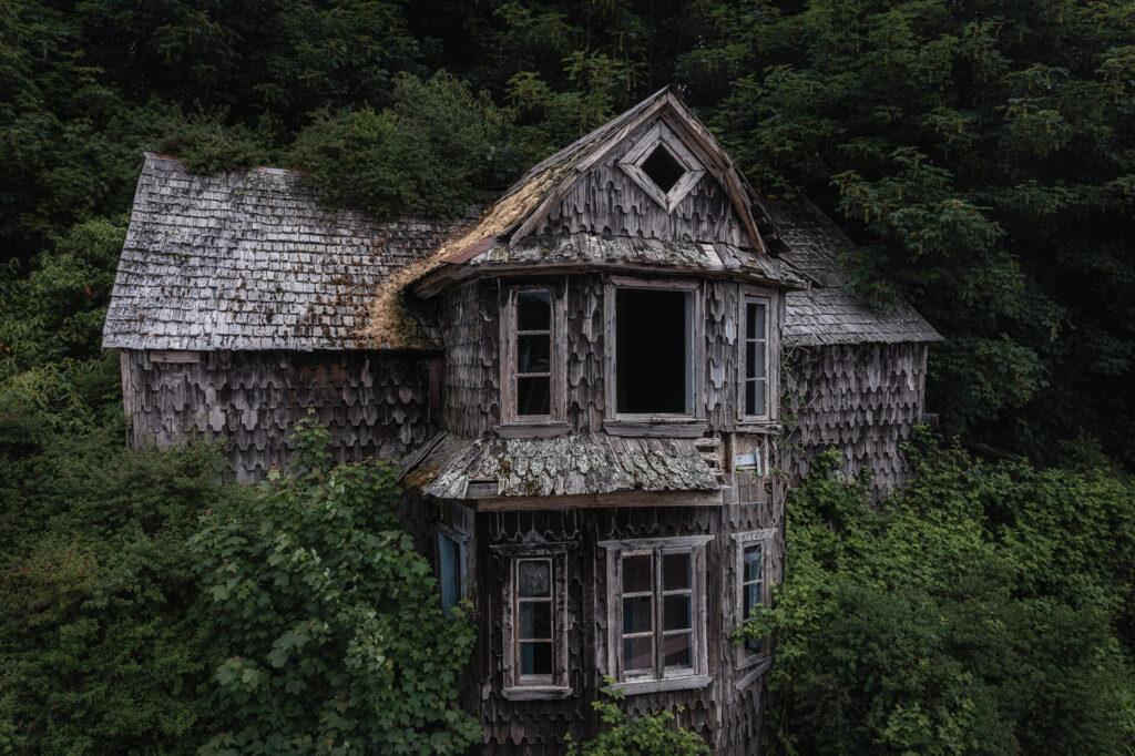 Construcción antigua de tejuelas ubicada en la Isla Mechuque en Chiloé, siendo consumida poco a poco por la vegetación y el paso del tiempo.