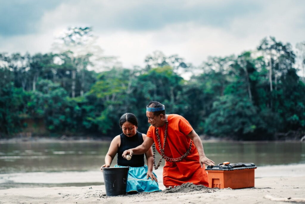 Janeth y su padre, José César Piaguaje, durante la colocación de los huevos de charapa en un balde para trasladarlos al arenario. Créditos: cortesía CI Ecuador