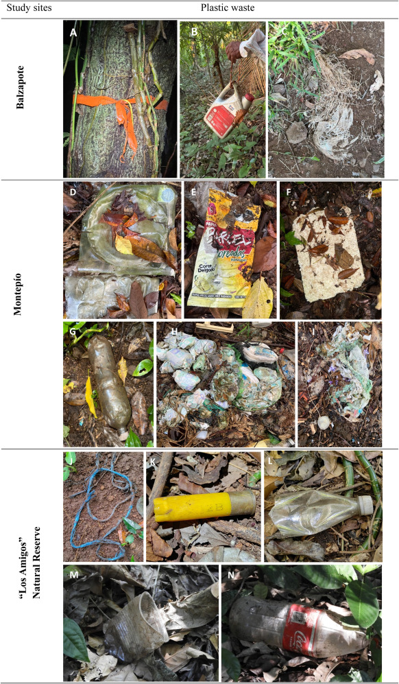 Residuos plásticos encontrados en la Reserva de la Biosfera Los Tuxtlas, Veracruz, incluyendo botellas de PET, envases, bolsas, rafia, poliestireno y otros desechos que representan una fuente potencial de contaminación por microplásticos en el hábitat del mono aullador mexicano. Créditos: Journal of Hazardous Materials Advances