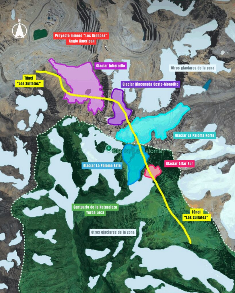 Túnel minero “Los Sulfatos” de Anglo American, Región Metropolitana, Chile. Elaborado por Fundación Glaciares Chilenos.