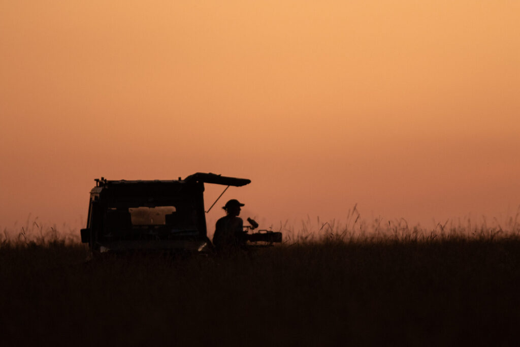 Se recorta la silueta de Sophie Darlington al amanecer dentro del vehículo de filmación, con la cámara lista para capturar los movimientos de la manada. Créditos: Nacional Geographic/Simon Blakeney.