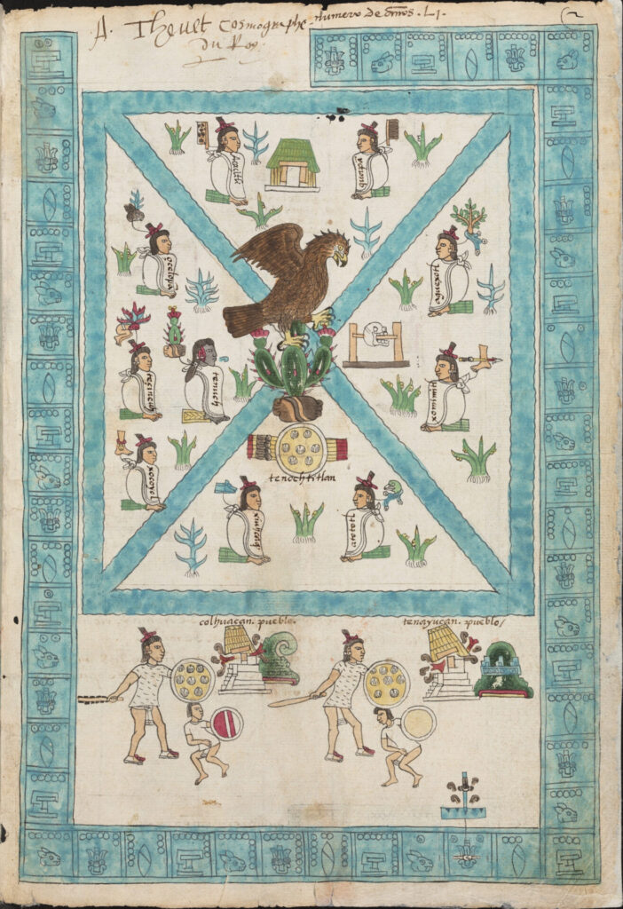 Códice Mendoza, ca. 1540. En su primera lámina aparece un águila posada sobre un nopal que nace de una roca, en medio de un paisaje lacustre: una de las representaciones tempranas del símbolo asociado con la fundación de Tenochtitlán.