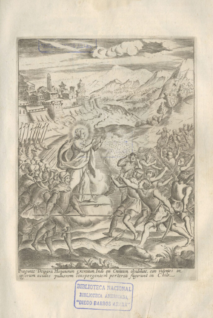 Aparición de Santa María, Virgen de las Nieves. Histórica relacion del Reyno de Chile y de las misiones y ministerios que exercita en el la Compañía de Jesus, por Alonso de Ovalle. Créditos: Memoria Chilena
