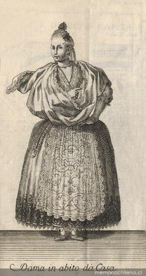 Dama in abito da casa. Compendio della storia geografica, naturale, e civili del regno del Chile. Créditos: Memoria Chilena.