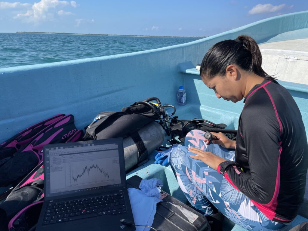 Antes de entrar al agua, las monitoras confirman la presencia de las agregaciones mediante datos acústicos. Han llegado a determinar el día y la hora exactos en los que conviene hacer los monitoreos visuales. Foto: cortesía Omar Rivera