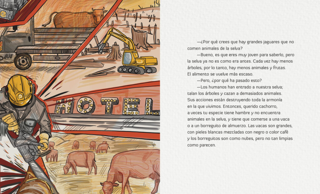 El cuento explica cómo la actividad humana ha impactado a la Selva Maya y desplazado a la fauna. Ilustración: cortesía Ingrid Domínguez Lagunes