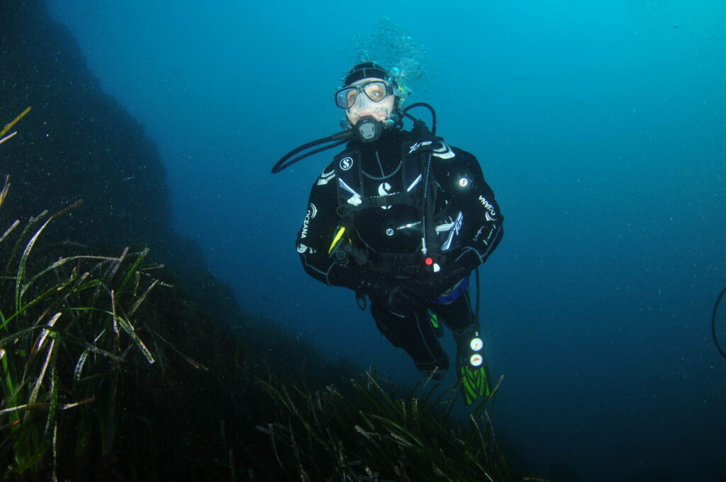 Alexandra Cousteau, asesora internacional de Oceana buceando sobre la pradera de posidonia (Posidonia oceanica). Actos para apoyar la ampliación del Parque de Cabrera. Malgrats, Mallorca, Islas Baleares, España. Marzo 2013.